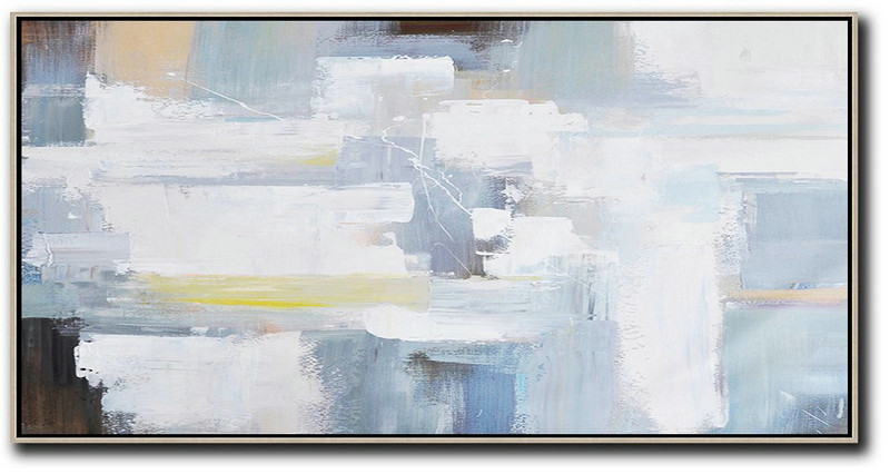 Horizontal Palette Knife Contemporary Art Panoramic Canvas Painting,Large Canvas Art,White,Grey,Yellow,Brown